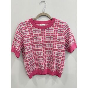 Fate Pink Grid Knit Short Sleeve Sweater Top Size Large Retro Y2K